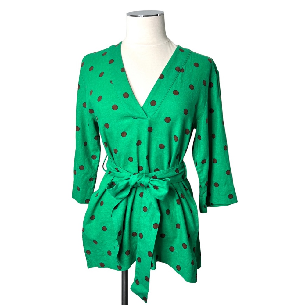 ZARA Green Brown Polka Dot Wrap Top Size XS Linen Blend Kaftan V-Neck